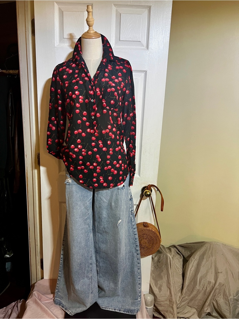 J Crew Wms Red Black Cherry Print Cotton Silk Popover Preppy Casual Top 2
